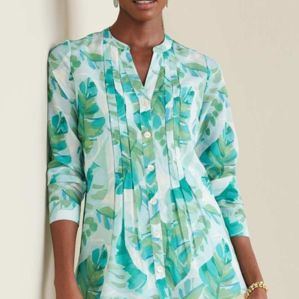 SOFT SURROUNDINGS $99 Womens MP Green Patterned Button Up Shirt Cami Set LL18